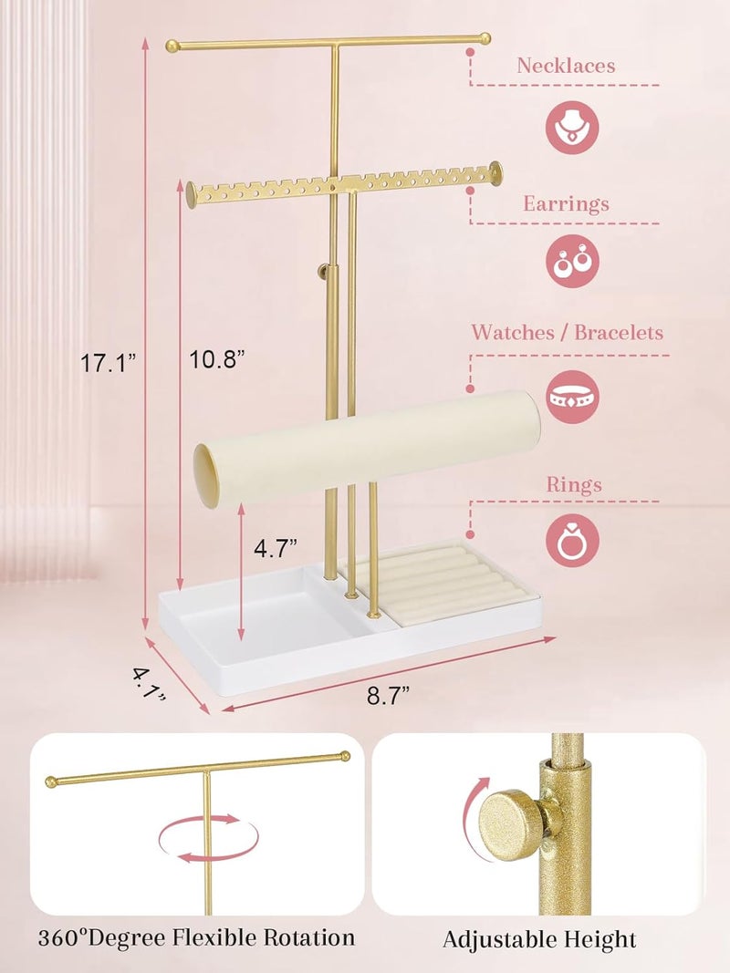 Jenseits 3-Tier Jewelry Holder Organizer:17.1" Adjustable Hanger, Velvet Ring Tray, Metal Aesthetic Display Stand for Necklaces, Earrings, Bracelets, Watches, Gold Jewelry Storage Tower Tree for Women - Image 5
